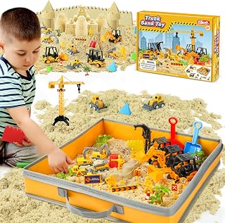 Billeeit Sand Construction Kit w/Sand Box and 2.2lbs Sensory Bin Play Sand | Including 15 In Foldable Sand Box, 8 Truck Toys, Castle Molds and Other Accessories 36Pcs Set, Gifts for Kids 3+