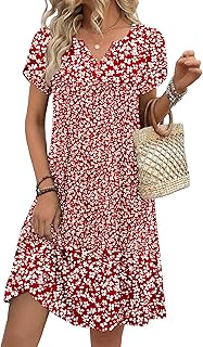 Zeagoo Women's Casual Dresses with Pockets Summer Floral V-Neck A-Line Tshirt Dress Short Sleeve Mini Dress Beach Sundress