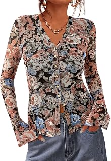 BTFBM Camisas con botones para mujer, a la moda de otoño 2025, cuello en V, blusa de manga larga, malla fruncida, ajustada, estampado floral, estilo bohemio