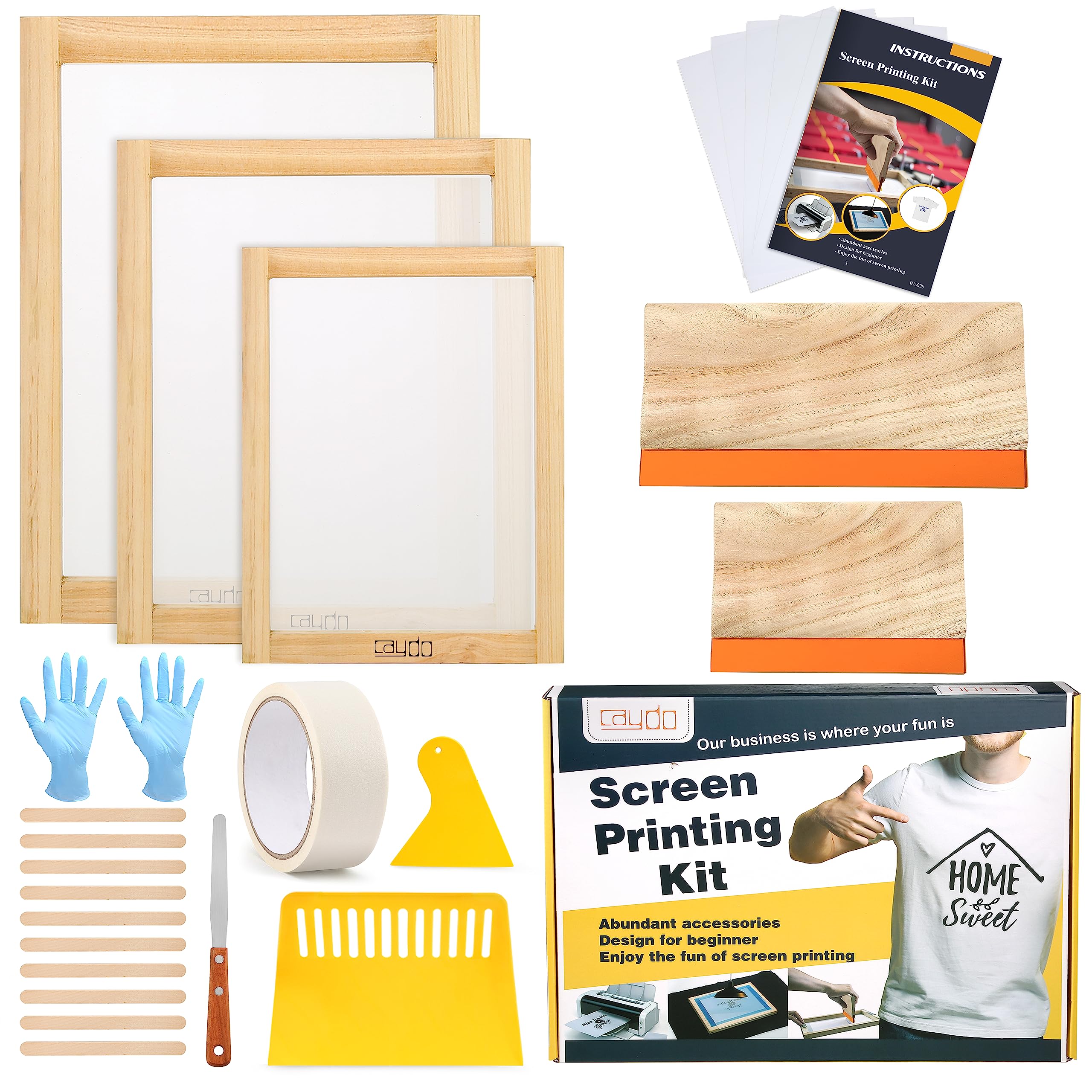 Caydo 23 Pieces Screen Printing Starter Kit, 3 Wood Frames with Mesh | Includes 