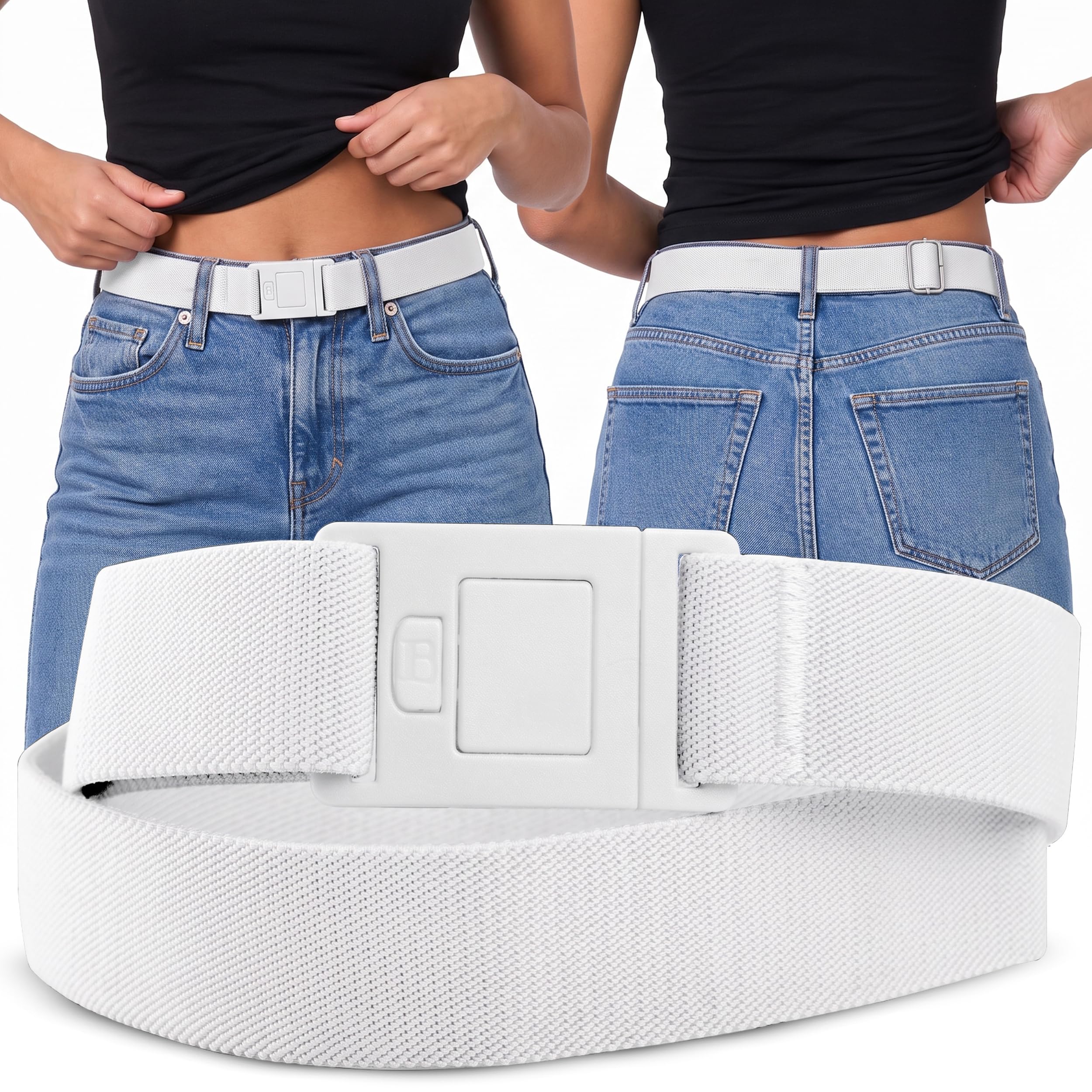 Womens Belts for Jeans, Invisible Flat Buckle Belt, Adjustable Stretch Fit
