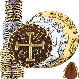 Large Pirate Coins - 36 Bronze, Silver & Gold Treasure Coin Set - Metal Replica Spanish Doubloons for Halloween Pirate Party Decorations & Favors, Tokens, Cosplay - Pirate Treasure Chest - Mixed Sizes