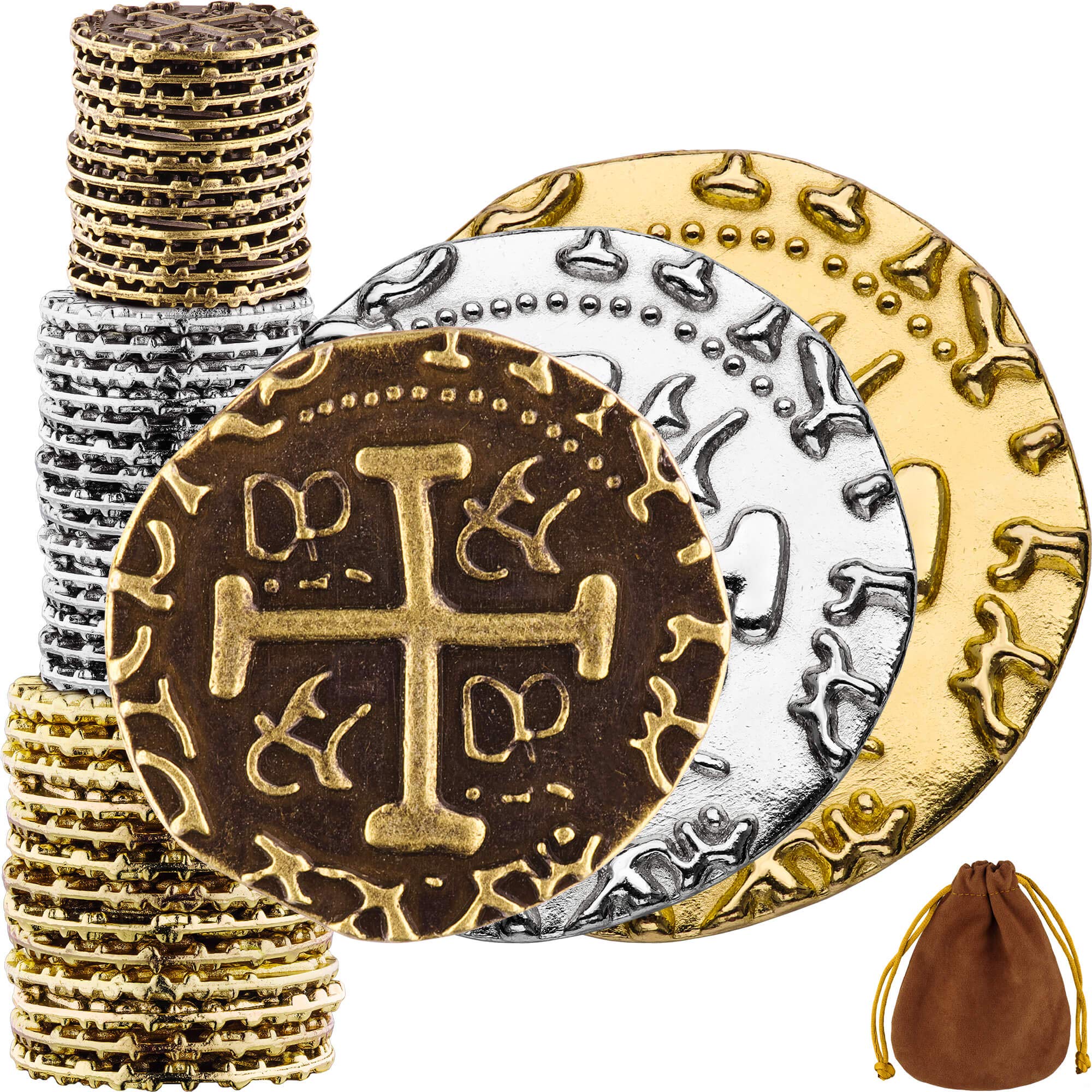 Large Pirate Coins - 36 Bronze, Silver & Gold Treasure Coin Set - Metal Replica 
