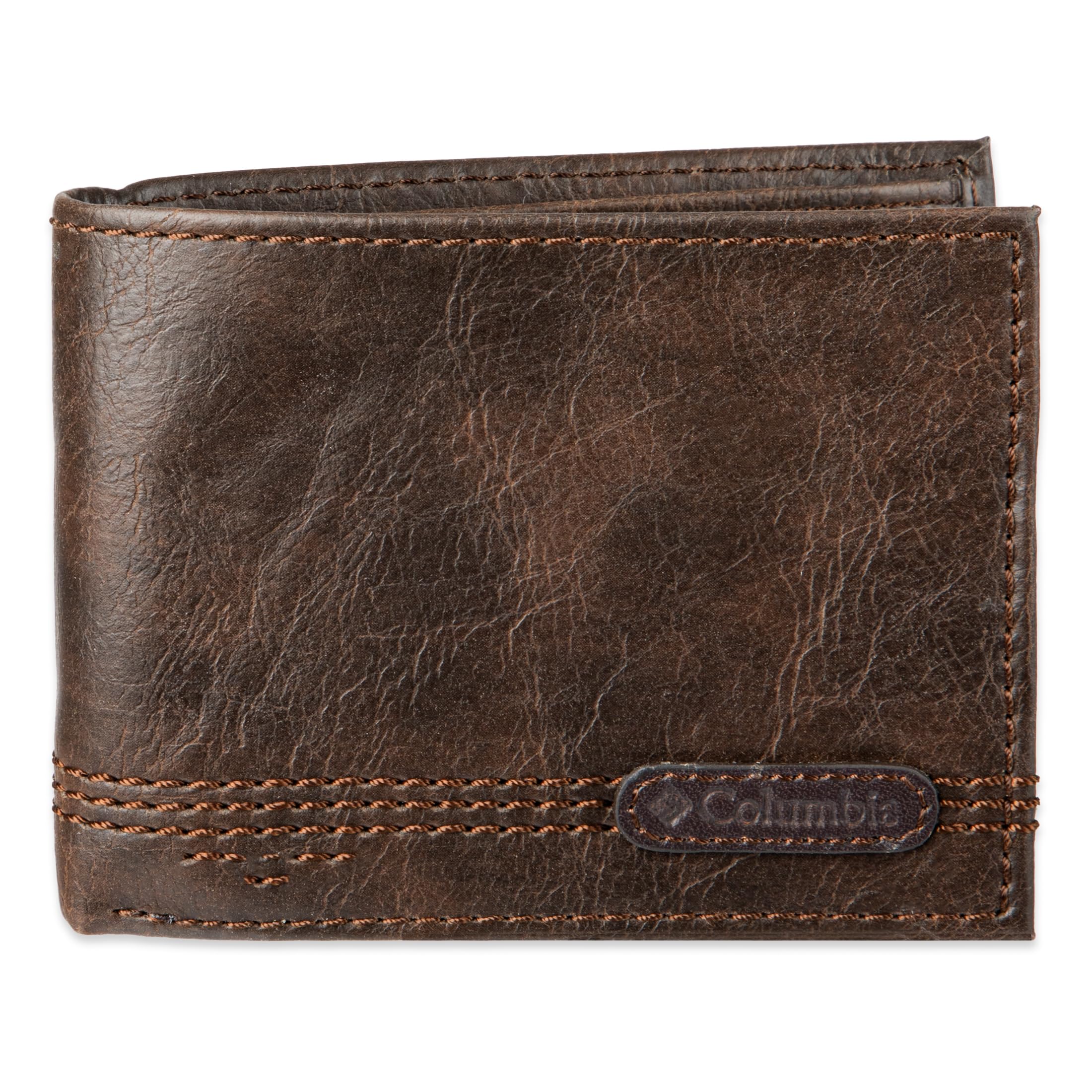 Columbia Mens RFID Slim Bifold Wallet With ID Window Brown Logo