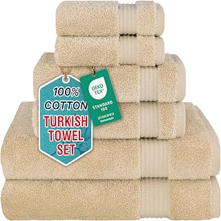Cotton Paradise Turkish 6 Piece Towel Set for Bathroom Soft Absorbent Dry | 100% Cotton OEKO Tex Certificated 600 GSM Ultra Plush Towels Quick Drying Light Weight Extra Large Machine Washable Beige
