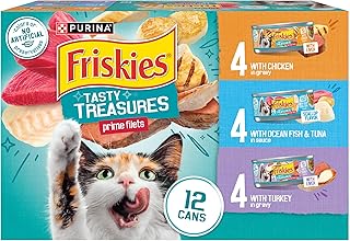 Friskies Purina Tasty Treasures Cat Food, Prime Filets Variety, (12) 5.5 oz | Chicken and tuna, chicken, ocean fish and turkey wet cat food in gravy or sauce, 100% complete & balanced for adult cats