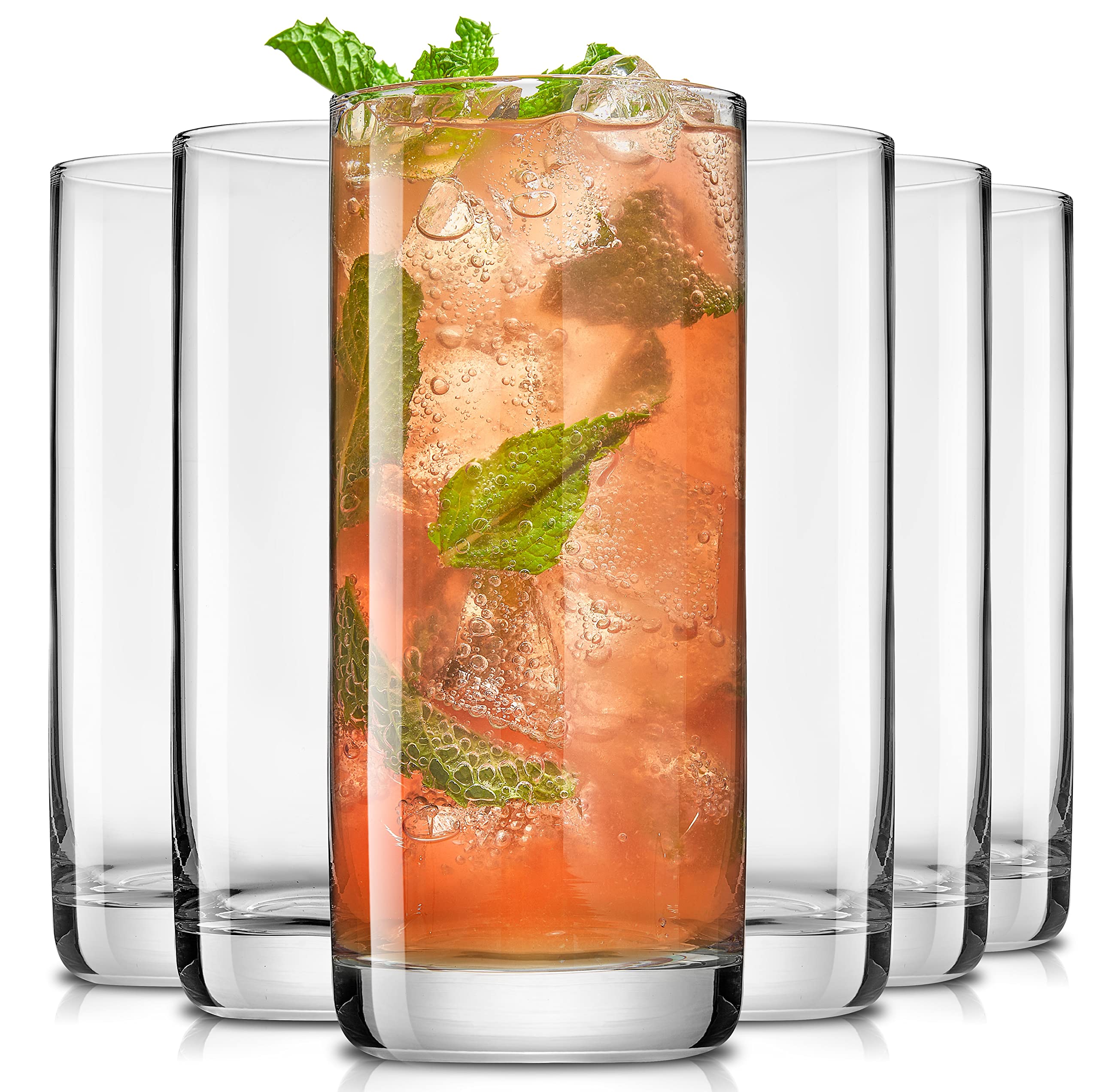 JoyJolt Faye 13oz Highball Glasses, 6pc Tall Glass Sets. Lead-Free Crystal Drink