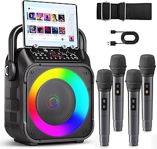 Karaoke Machine for Adults Kids, Portable Bluetooth Karaoke Speaker with 4 Wireless Microphones System with Lights, PA System for Home Party Supports USB/TF/REC/FM/AUX(No Screen Included)