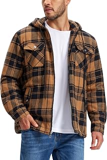 MoFiz Men's Plaid Flannel Shirt Winter Lined Cotton Jacket Woodman Shirt Long Sleeve with Hood and Five Pockets