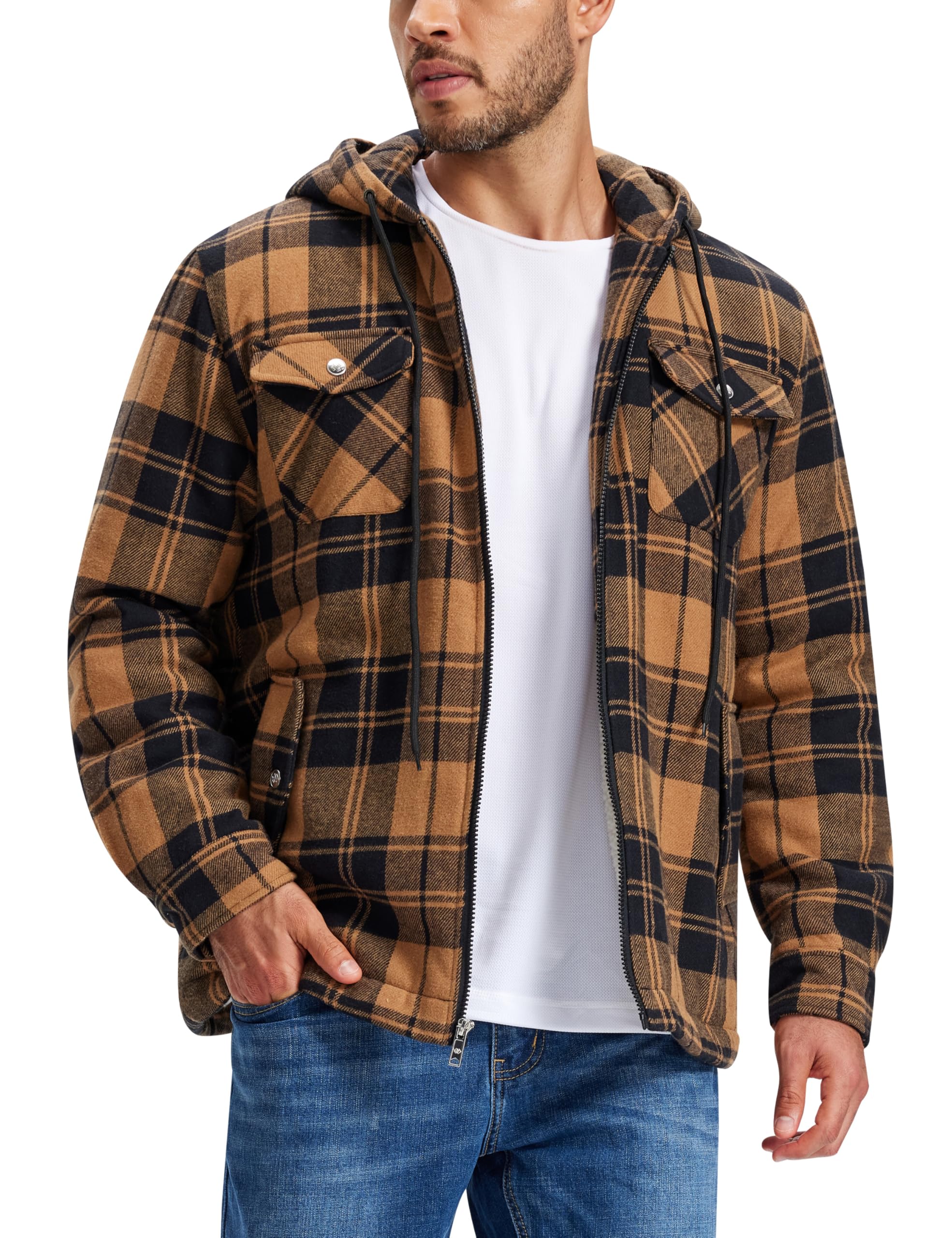 MoFiz Men's Plaid Flannel Shirt Winter Lined Cotton Jacket Woodman Shirt Long Sl
