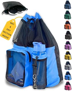 JIMJOOS Drawstring Mesh Swimming Bag - 25L Waterproof Swim Bag with Wet/Dry Compartment, Multifunctional Sports Backpack for Kids, Adults, Swimming, Surfing, Beach, Gym