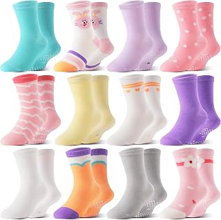 Welwoos Baby Girls Toddlers Grips Socks 12 Pairs Kids Anti Slip Non Skid Animal Funny Cartoon Crew Breathable Cotton Socks