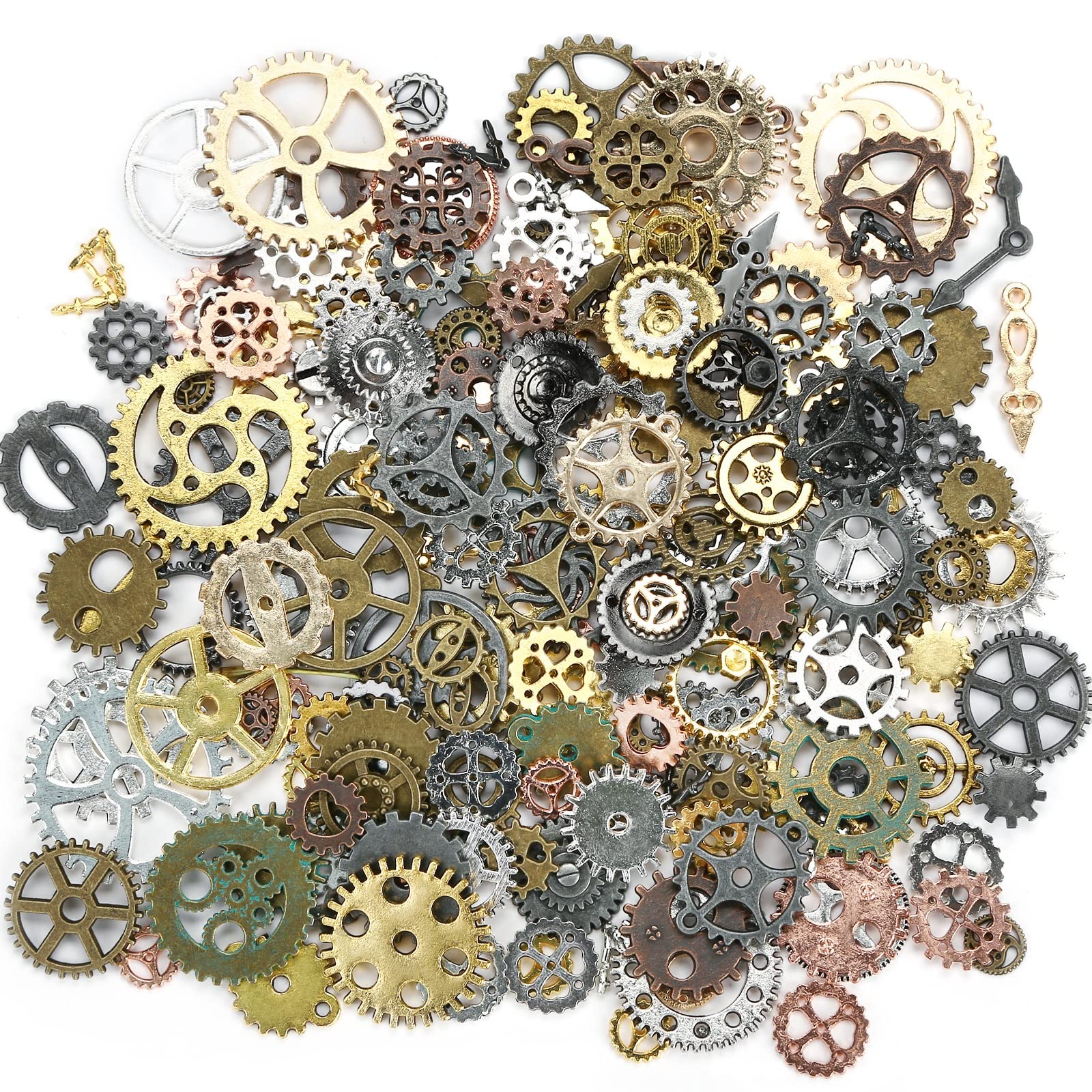 BigOtters 150PC Steampunk Gear Charms, 5 Colors Mixed Metal Cog Pendants | 0.5"-