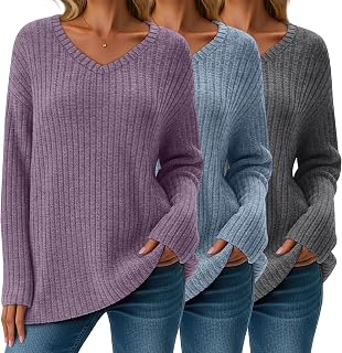 3 Pack Women's Long Sleeve Sweaters Ribbed Knit Tops