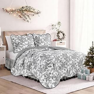 Wonderful 100% Cotton Black Floral Quilt Set Twin Size Bedding Sets with Pillow Sham and Bed Skirt, 3 Pieces Floral Bedspread Coverlet Set, Quilted Blanket Bed Cover for All Season, 66"x86"