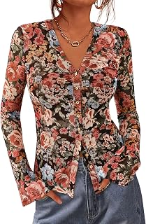 BTFBM Camicie con bottoni per le donne autunno moda 2025 scollo a V camicetta a maniche lunghe in rete increspata aderente con stampa floreale Boho Top