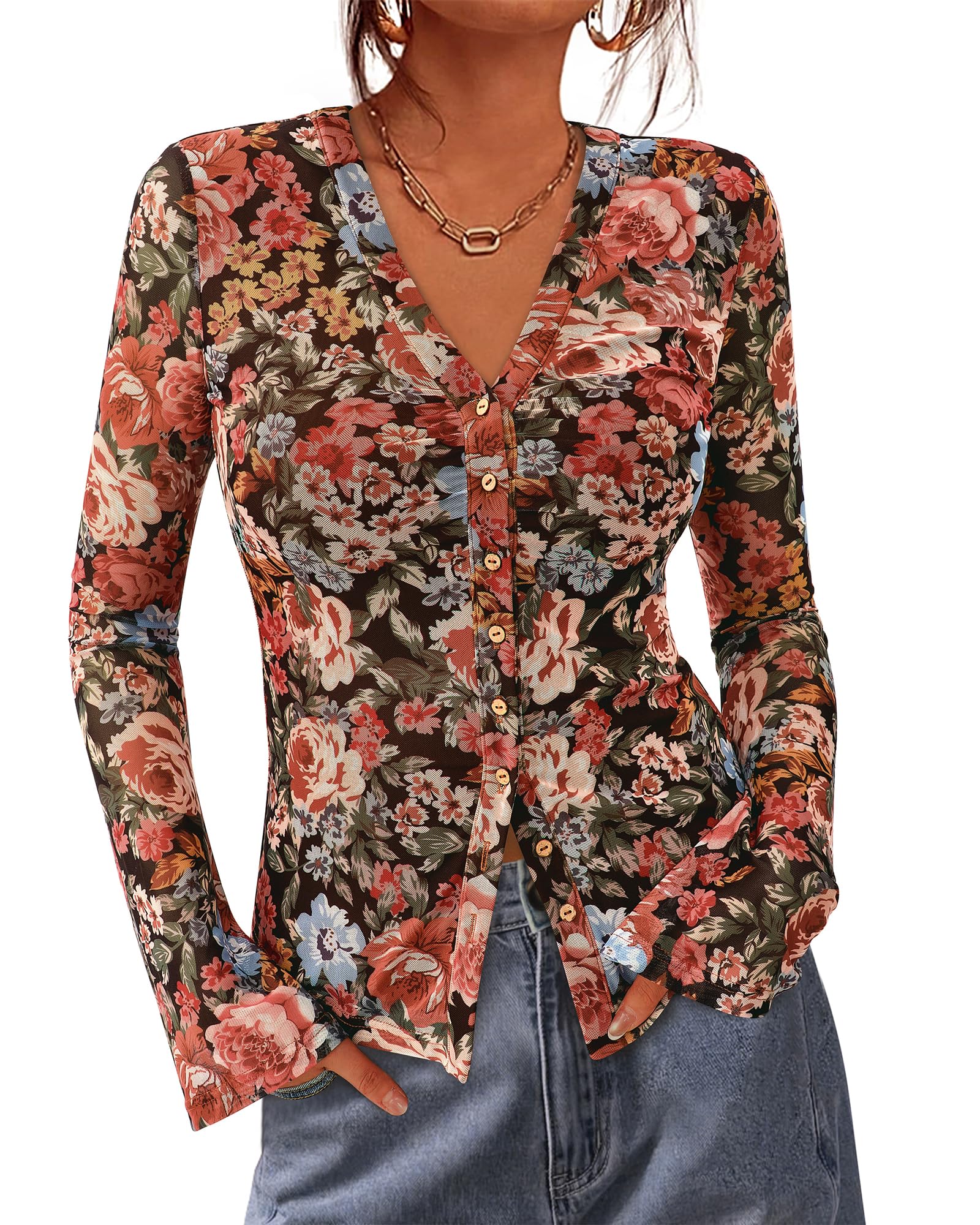 BTFBM Camicie con bottoni per le donne autunno moda 2025 scollo a V camicetta a 