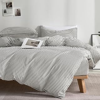 JELLYMONI 100% Cotton Classic Striped Duvet Cover Queen Set, Grey | Breathable Softness, Oeko-Tex Certified, Classic Stripes, 8 Corner Ties & Double Hidden Zipper