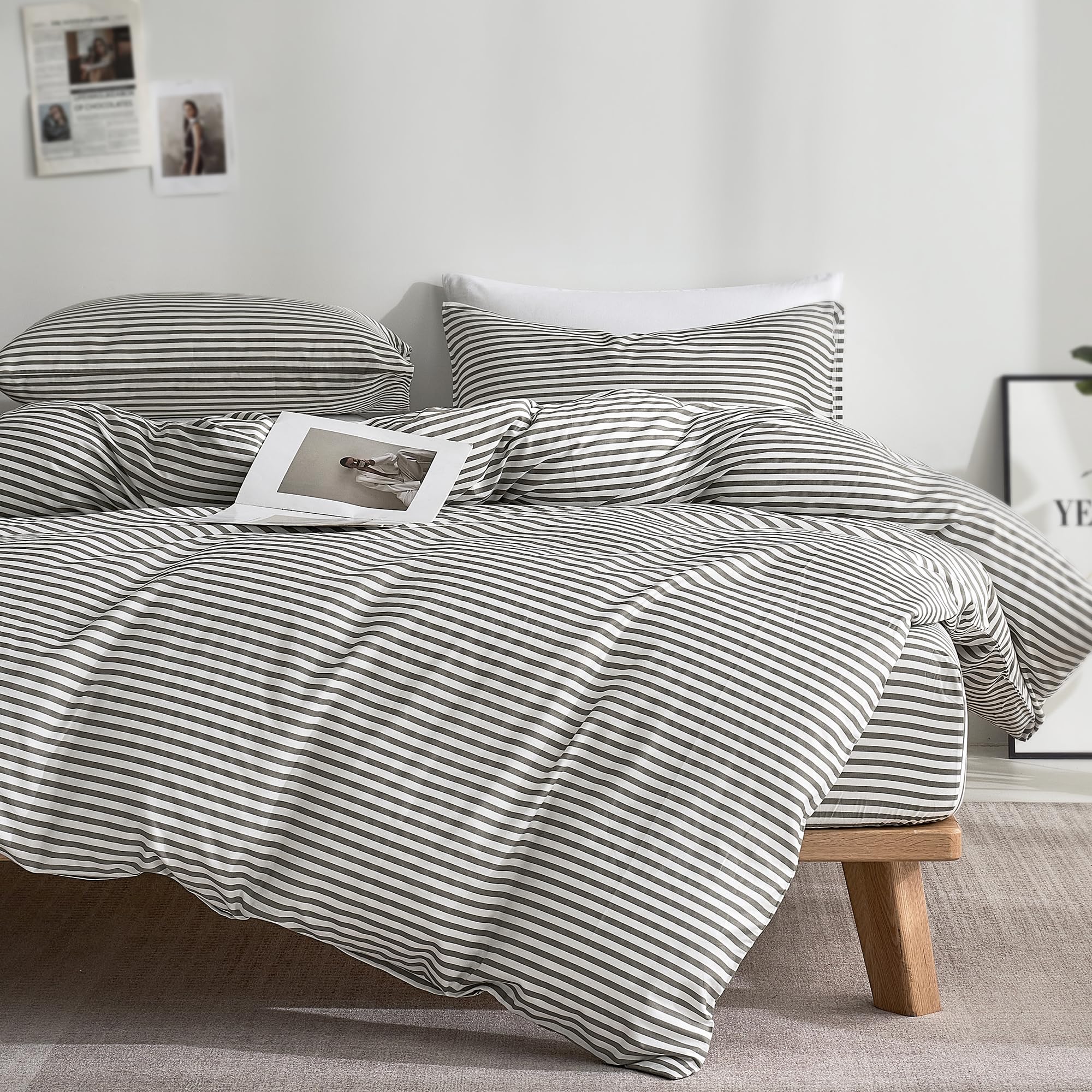 JELLYMONI 100% Cotton Classic Striped Duvet Cover Queen Set, Grey | Breathable S