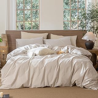 MooMee Striped Duvet Cover Set 100% Washed Cotton Linen Like King | Relaxed Linen-like Texture. Soft, Breathable & Long-lasting Comfort. Lightweight. Hidden Zipper with 8 Interior Corner Ties