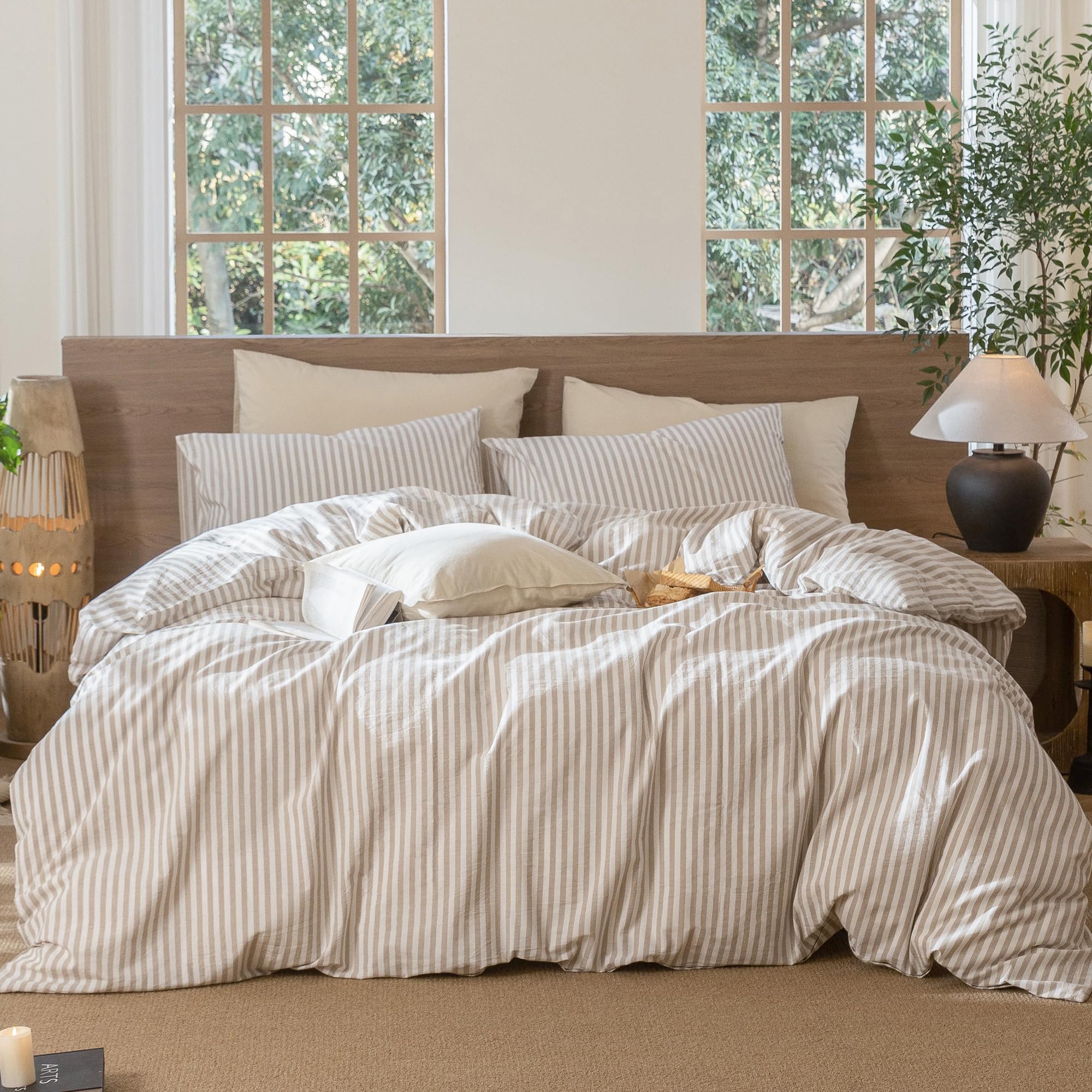 MooMee Striped Duvet Cover Set 100% Washed Cotton Linen Like King | Relaxed Line