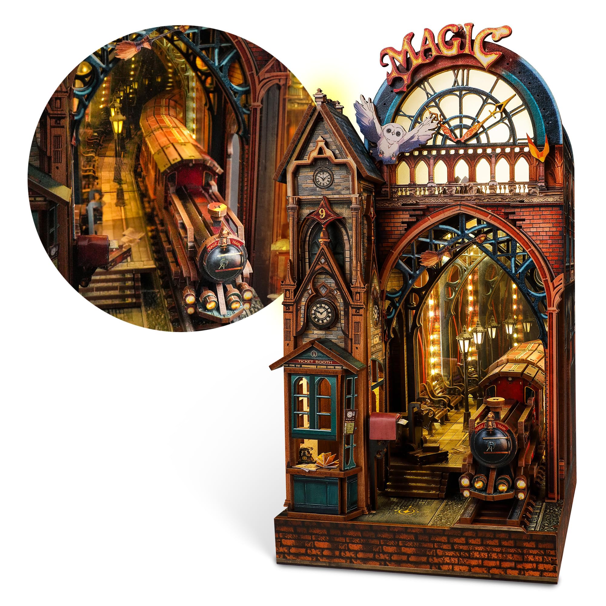FUNPOLA Magic Station Book Nook Kit, LED 3D Wood Puzzle for Adults | 234 Pieces,
