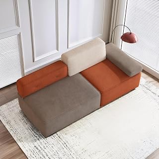 Modular Boneless Sofa 2-3 Seater Cloud Couch 203cm Convertible Floor Sofa Bed for Living Room Grey & Orange with Cushion & Pillow No Assembly Required