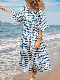 Vestidos bohemios de verano para mujer, cuello en V, manga abombada, floral, fluido, casual, largo