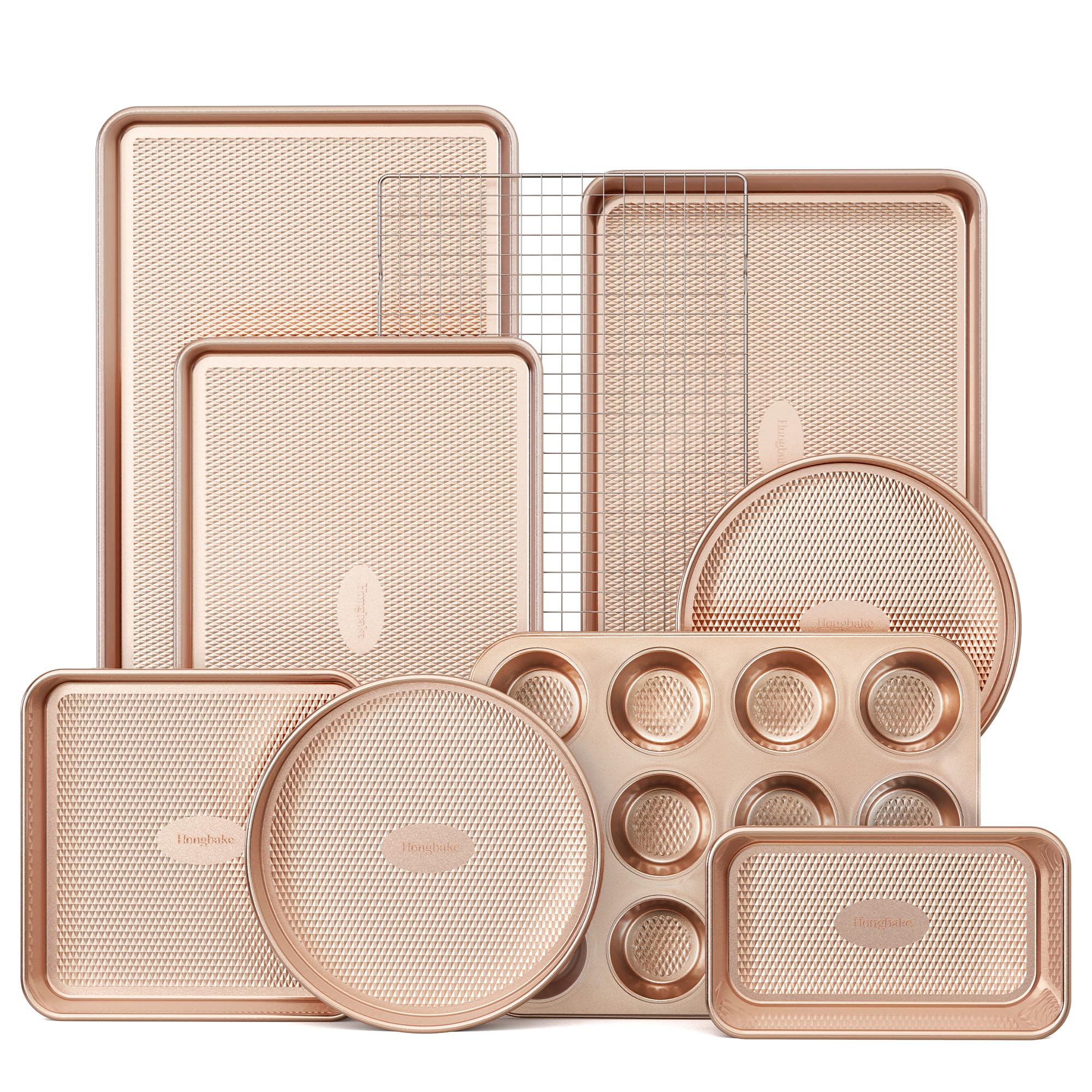HONGBAKE 9-Piece Baking Pans Set Nonstick, Stackable Non Toxic Bakeware Sets wit