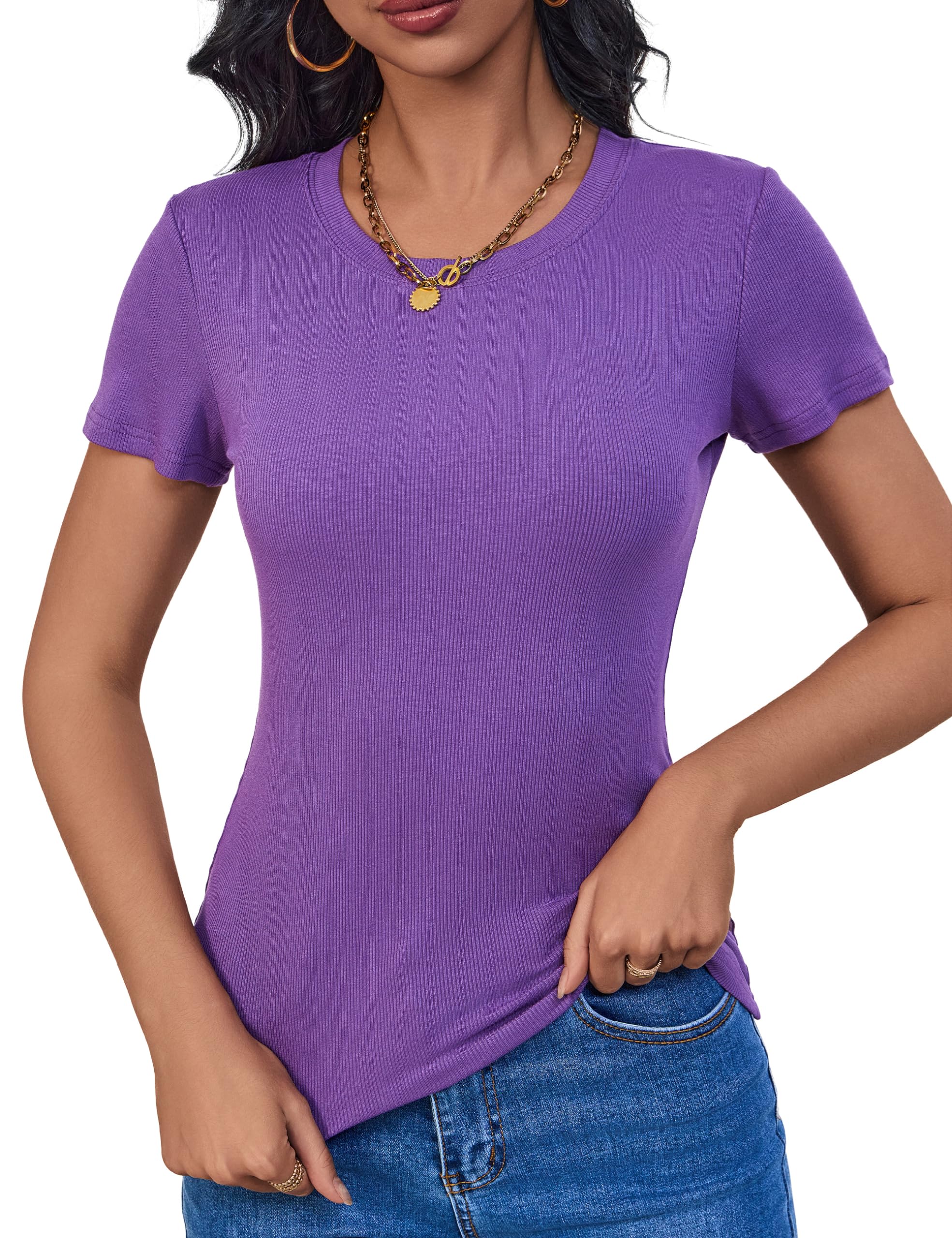 Ribbed Tshirts for Women Slim Fit Crew-Neck Summer Basic 2026 T-Shirts