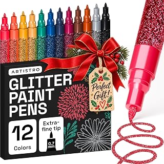 ARTISTRO 12 Glitter Paint Pens for Glass Marking - Extra-Fine Tip | Acrylic Paint Markers for Poster, Rock Painting, Ceramic, Wood, Fabric, Scrapbooking, DIY, Craft, Card Making, Coloring