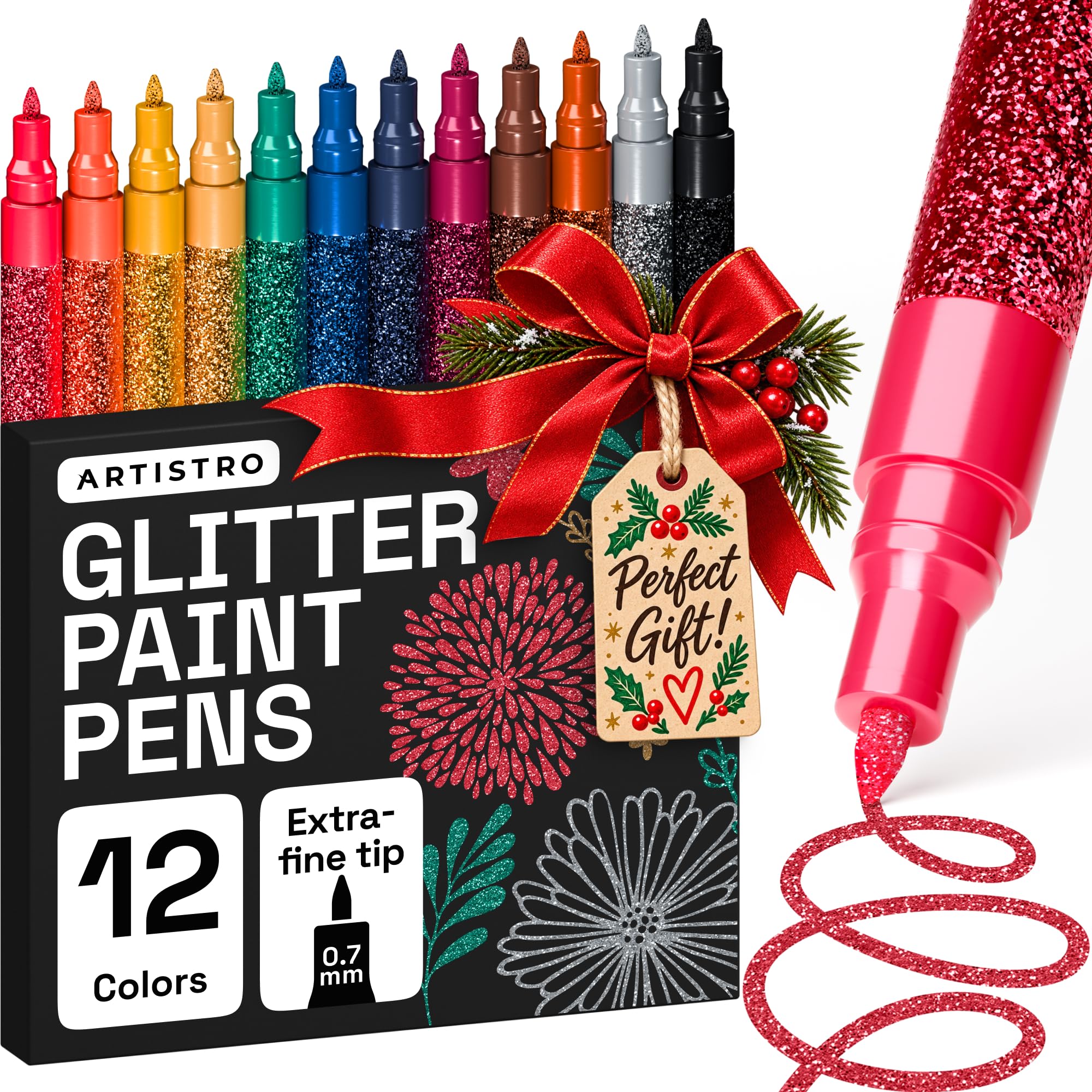 ARTISTRO 12 Glitter Paint Pens for Glass Marking - Extra-Fine Tip | Acrylic Pain