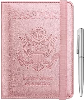 WALNEW Passport Holder for Travel, RFID Wallet for Men and Women, PU Leather Case with Pen, Travel Essentials for Airplane, A-Rose Gold, One Size, Elastic Band