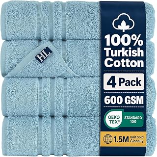 Hawmam Bath Linen Towels Large, Turkish Cotton, 4 Pack, Light Blue