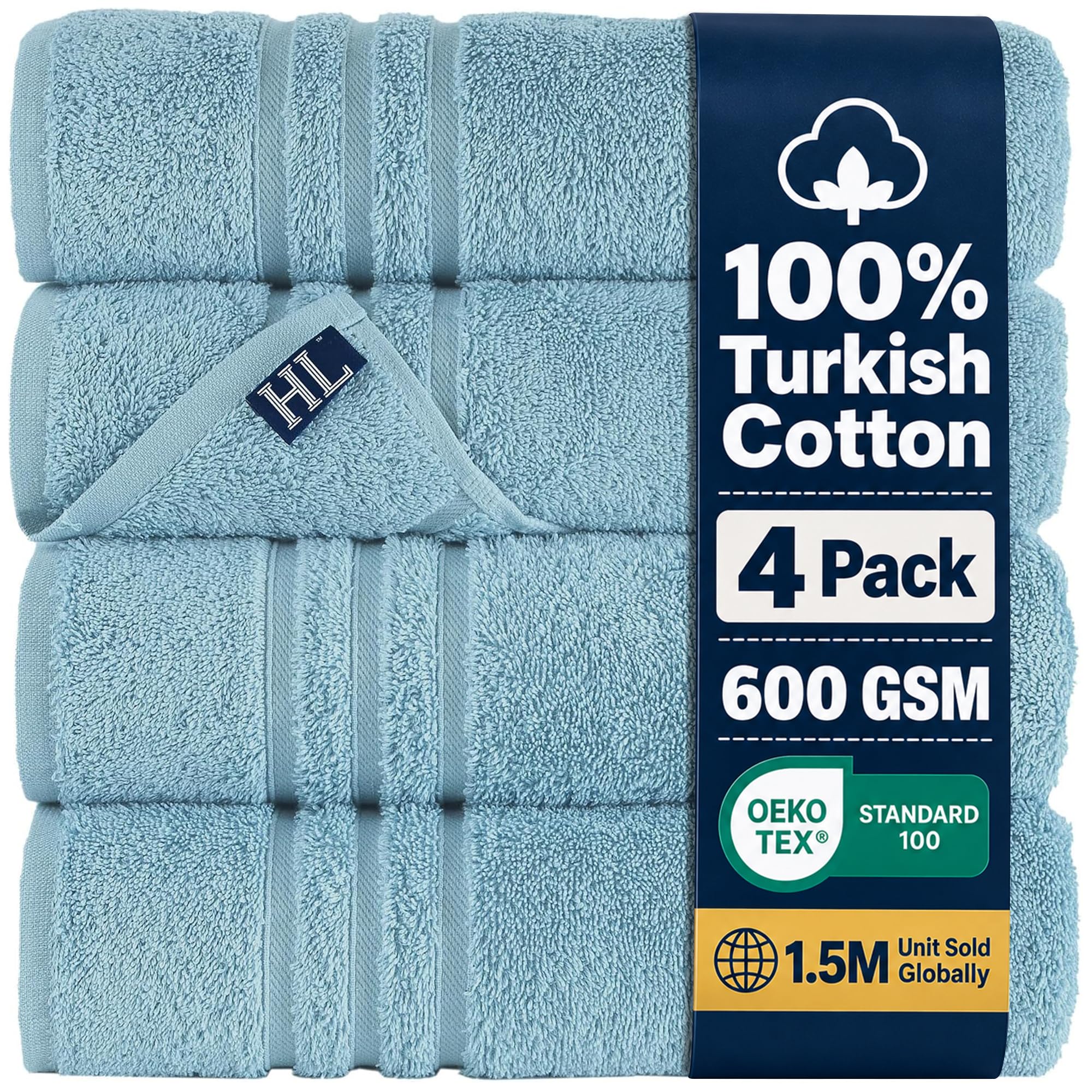 Hawmam Bath Linen Towels Large, Turkish Cotton, 4 Pack, Light Blue