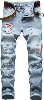 Men's Ripped Jeans Slim Fit Straight Leg Denim Pants with Holes