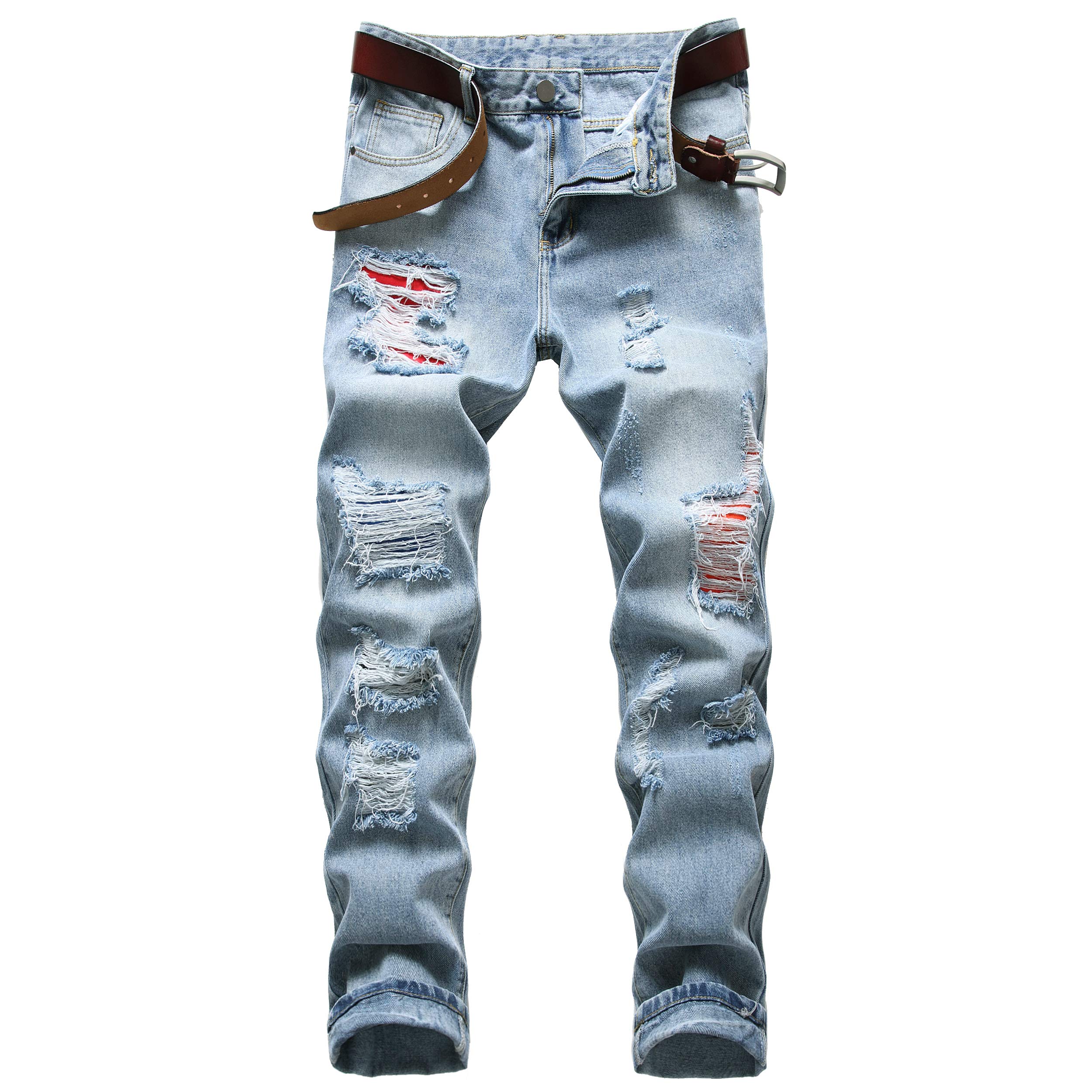 Men's Ripped Jeans Slim Fit Straight Leg Denim Pants with Holes