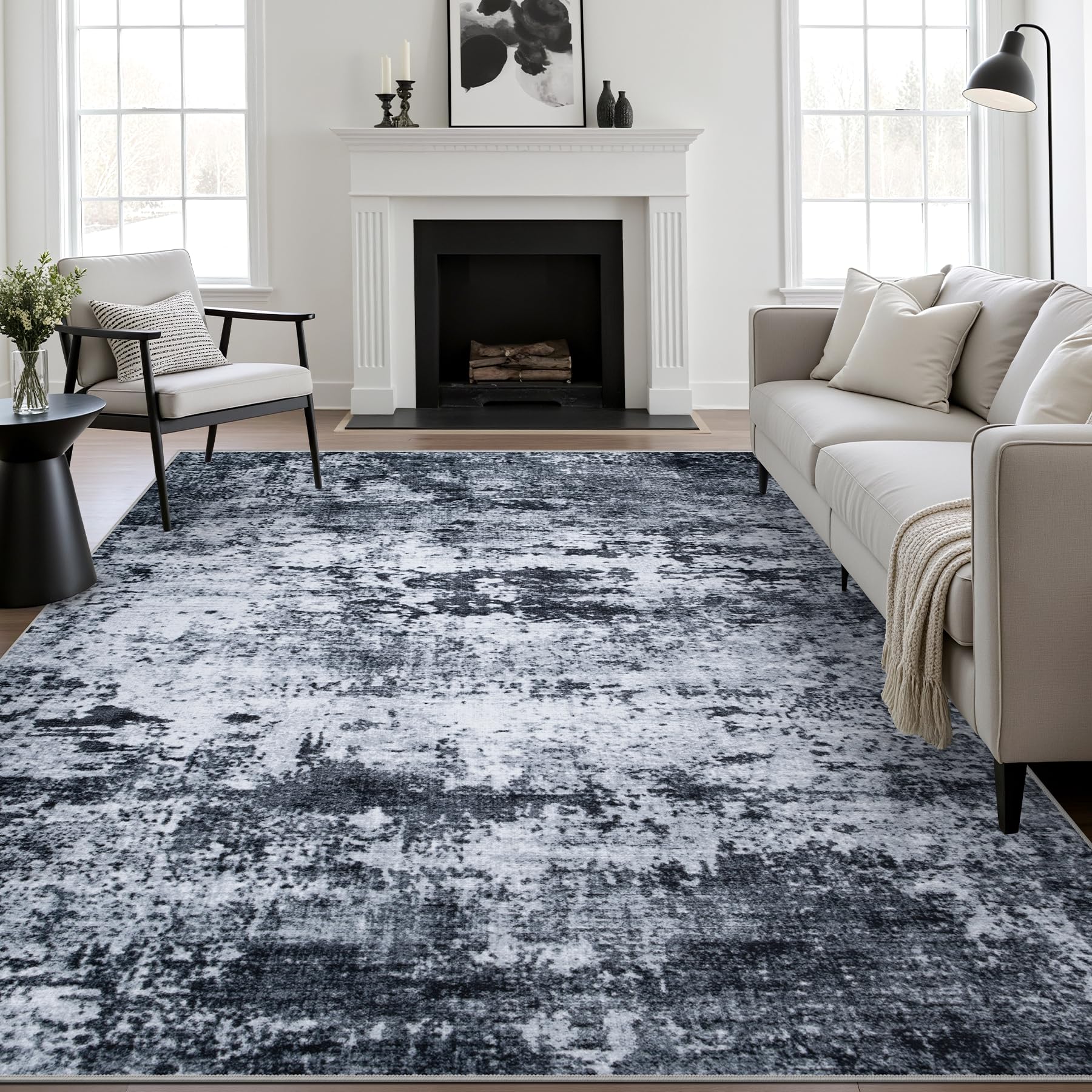 FXRHLP 5x7 Area Rug Living Room: Modern Washable Indoor Carpet Black | For Bedro