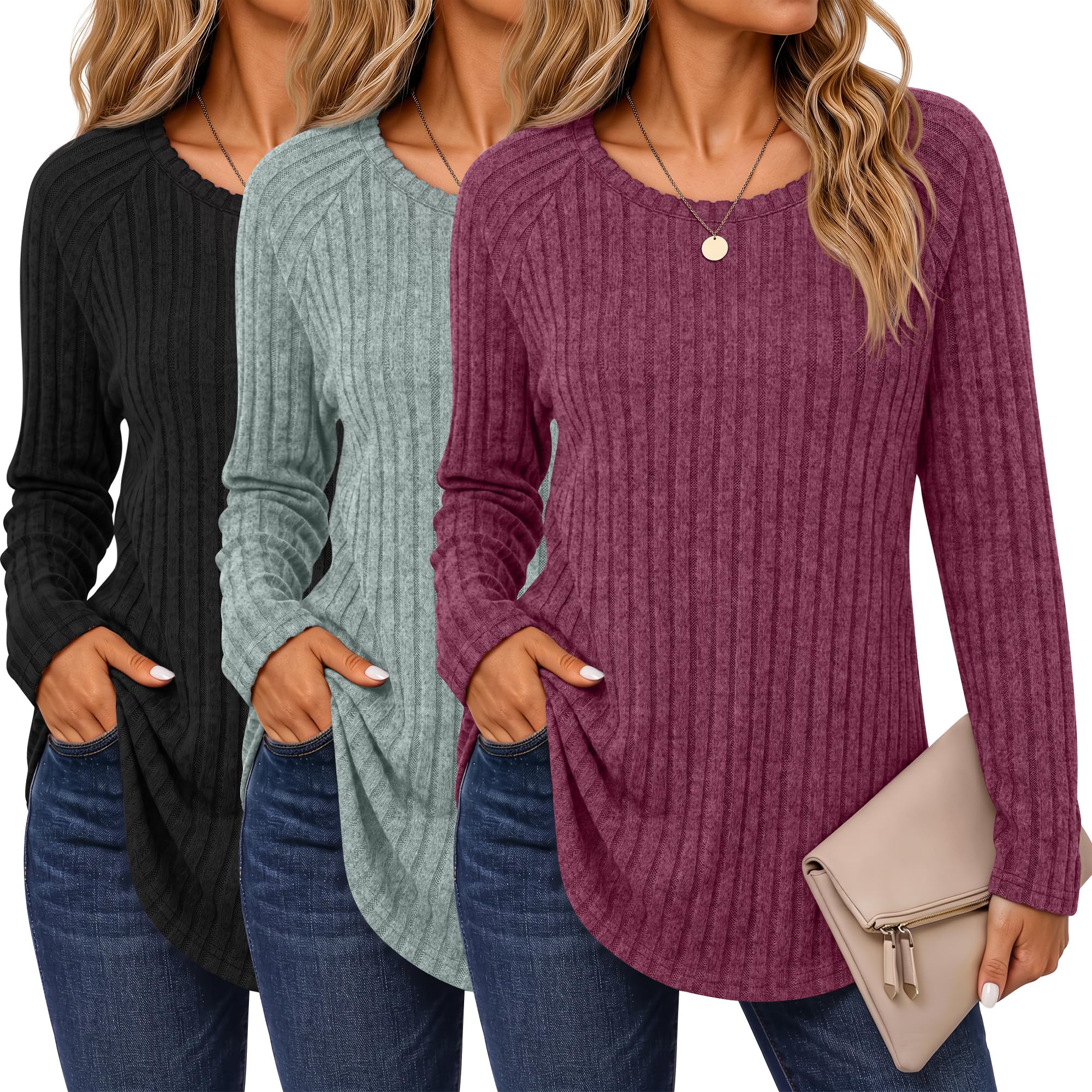 Ficerd 3 Pack Women's Sweaters Long Sleeve Shirts Fall Tunics
