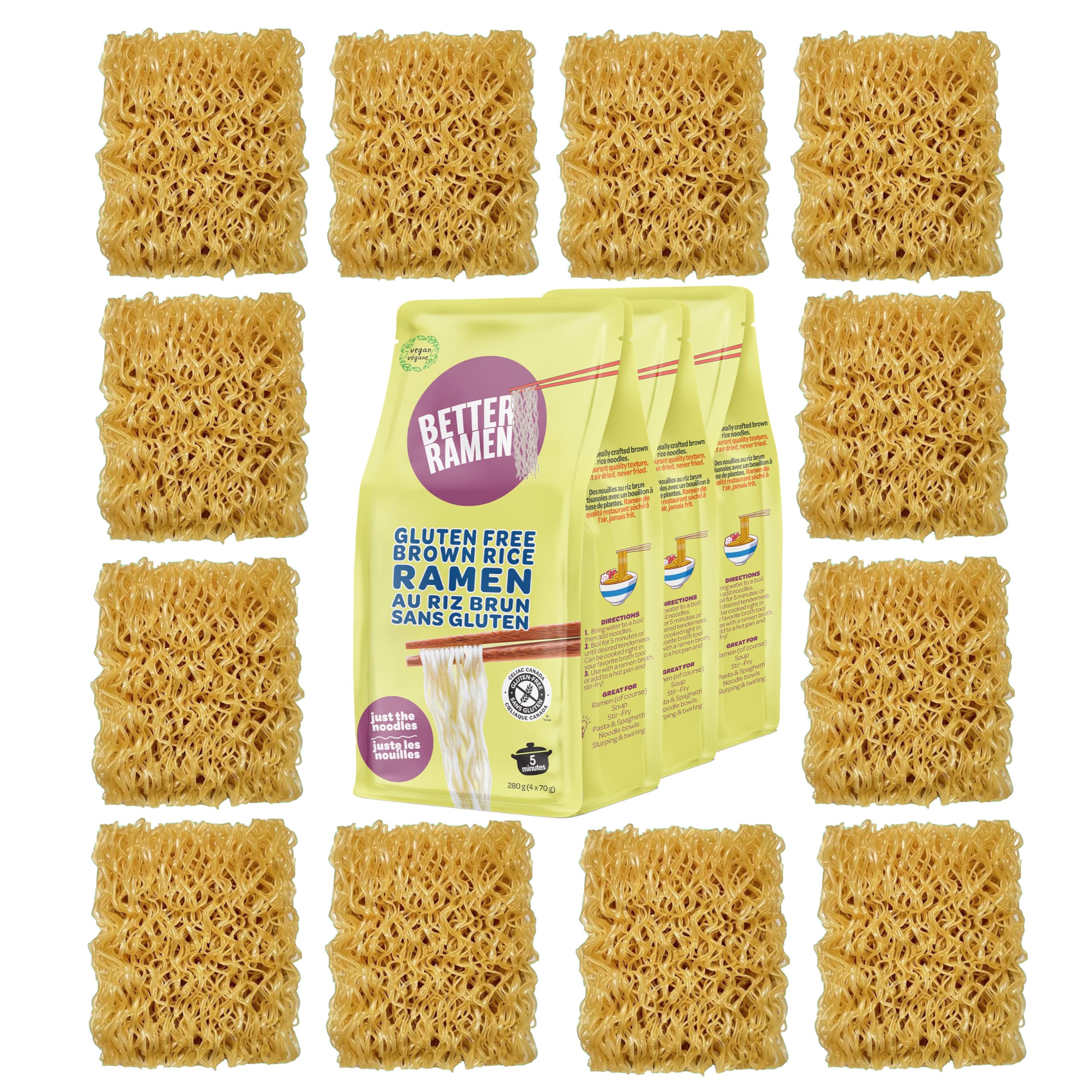 BetterRamen Gluten-Free Brown Rice Ramen Noodles, 12 Cakes, 840g | Vegan, Non-GM
