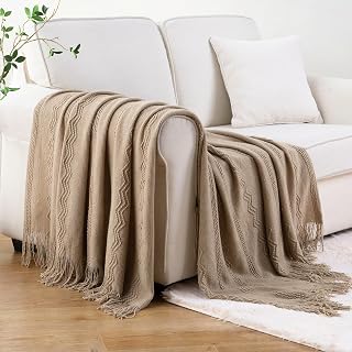 BATTILO HOME Tan Throw Blanket for Sofa Couch Office Living Room Home Decor Lightweight Textured Soft Cozy Knit Throw with Tassels Suitable All Seasons 50"x60"