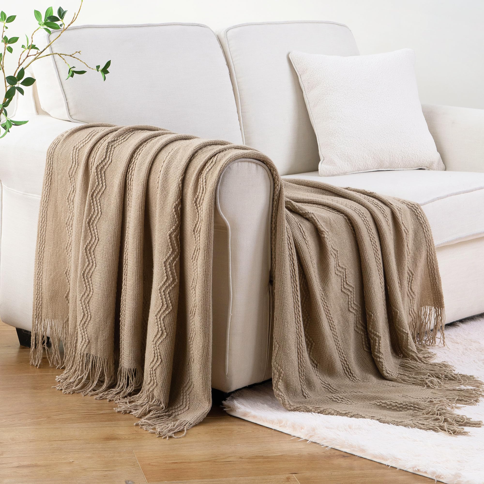 BATTILO HOME Tan Throw Blanket for Sofa Couch Office Living Room Home Decor Ligh