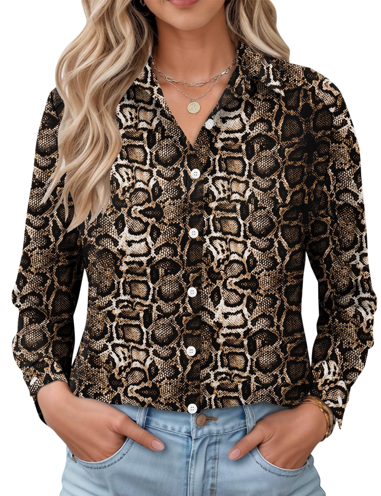 LOMON Womens Long Sleeve Button Down Shirts Casual Loose Fit Cotton Collared Blo