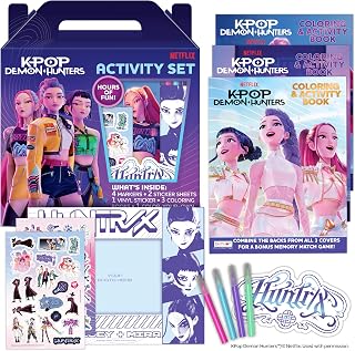 Official KPop Demon Hunters Color and Carry Activity Set - 3 Coloring Books, Stickers, Markers, Photo Frame and Fan Extras - Gifts for Tween Girls