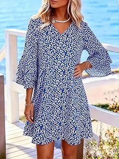Women's Floral Print V Neck Bell Sleeve Vintage Lightweight Casual Holiday Beach Dress