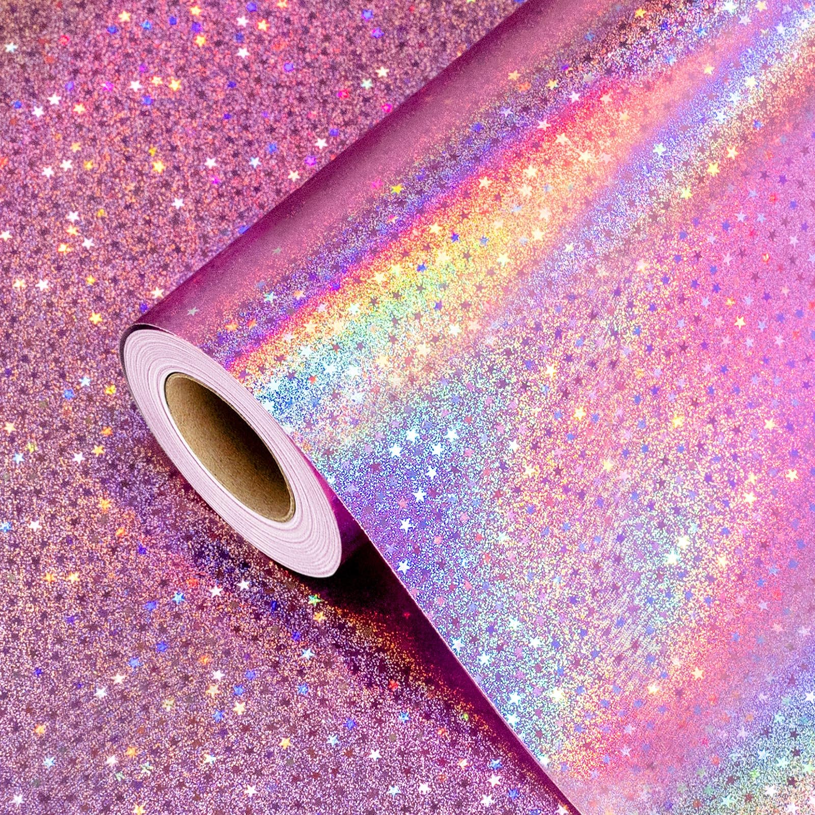 Burymento Pink Wrapping Paper Roll, Metallic Holographic Star Gift Wrap for Birt