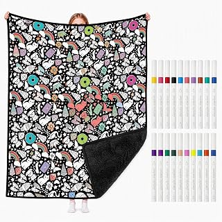 DIY Coloring Blanket for Adults, Color Your Own Blanket with 24 Markers | 50" x 60" Cozy Ink Doodle Drawing Blankets with Velvet Back,, Washable Snuggle Sketch Blanket for Home Decor & Daily Use