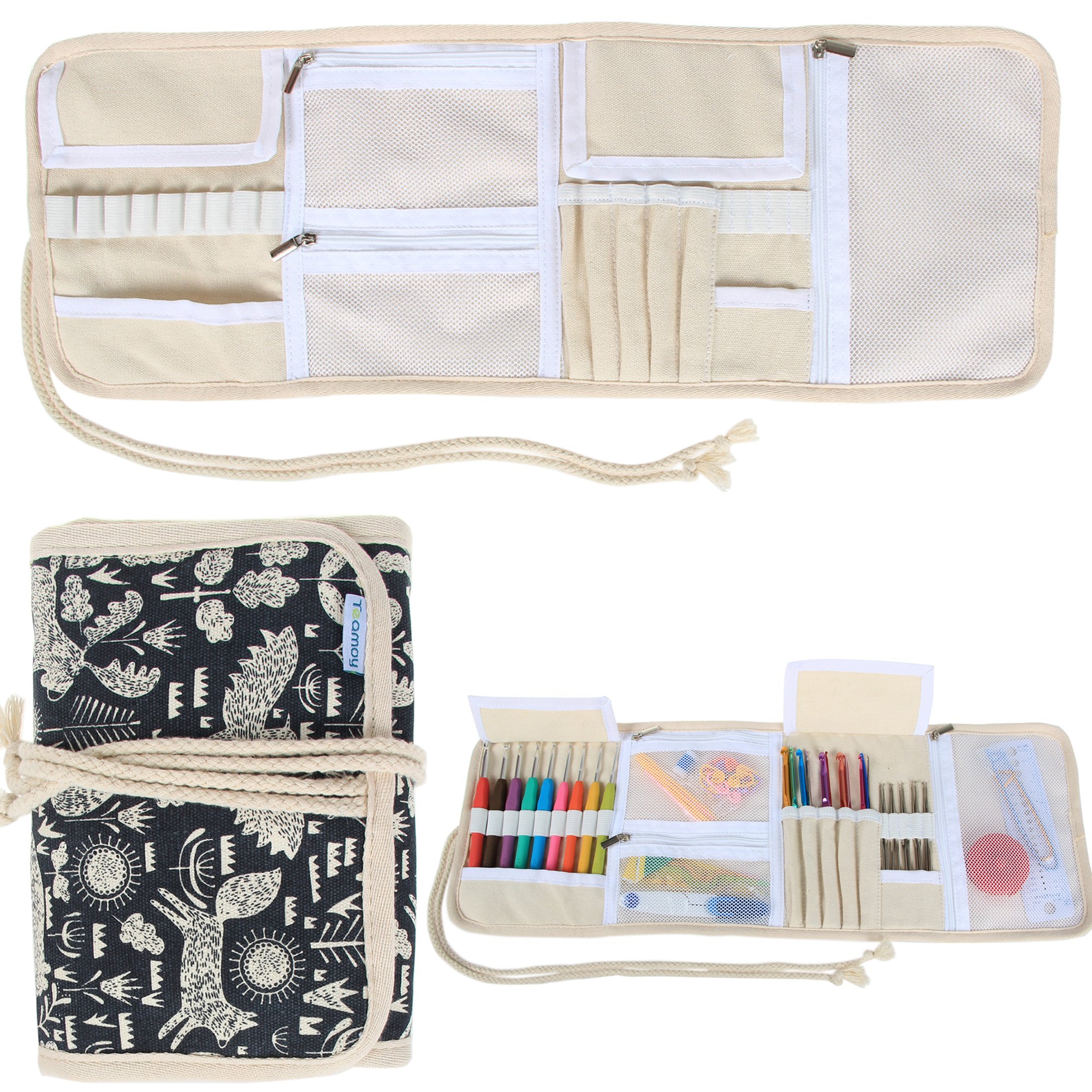 Teamoy Crochet Hook Case Organizer, Crochet Hook Roll Bag, Animal World | Empty 