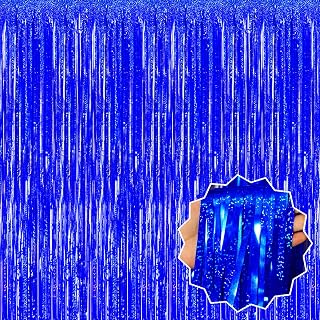 3 Pack Blue Foil Fringe Curtains Backdrop, 3.28 x 8.2 Ft Metallic Streamers Tinsel Curtains Background for Photo Booth, Birthday, Christmas, Halloween, Thanksgiving, New Year Party Decorations