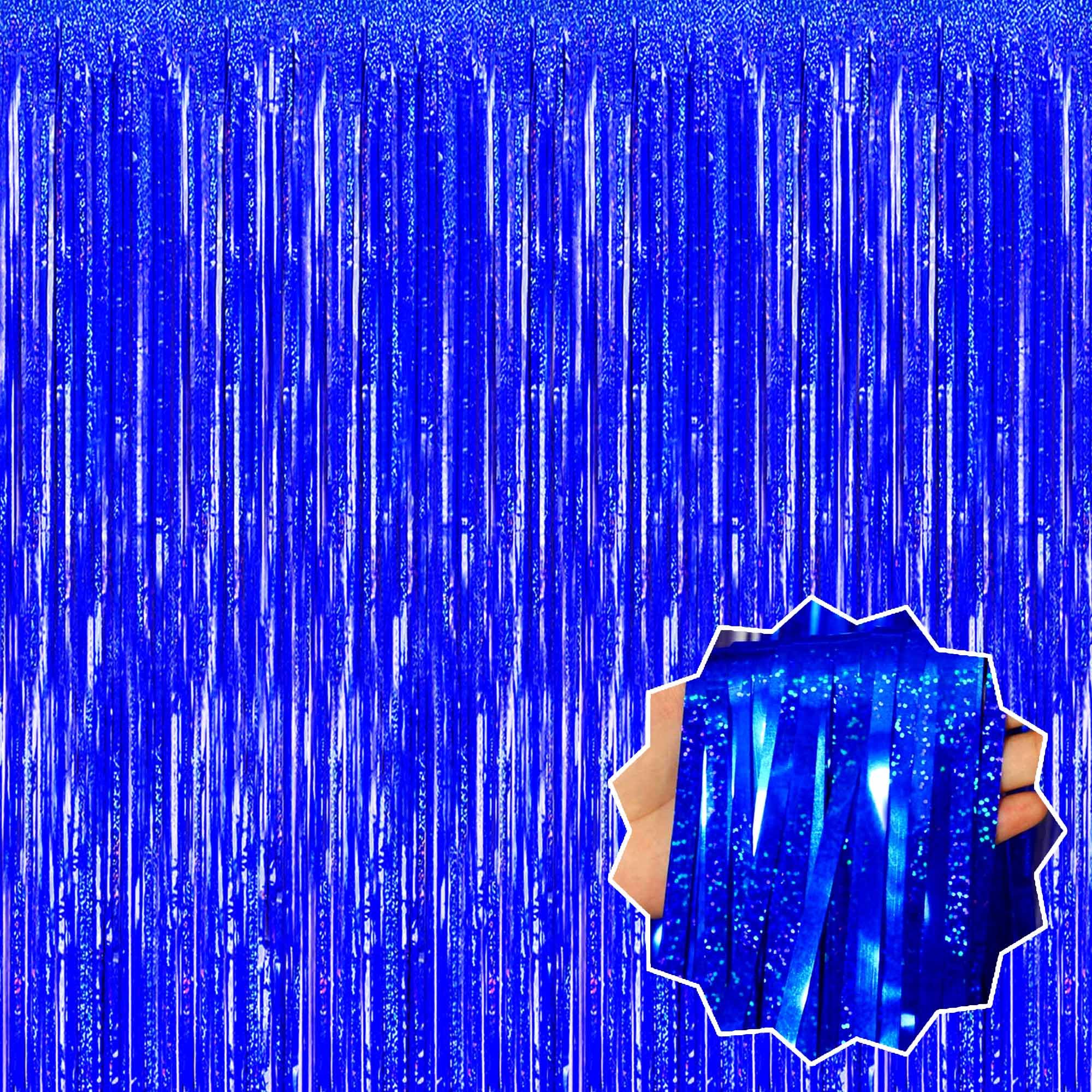 3 Pack Blue Foil Fringe Curtains Backdrop, 3.28 x 8.2 Ft Metallic Streamers Tins